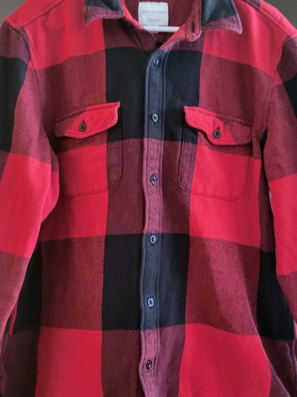 American Eagle Outfitters Red and Black Plaid Button-Down Shirt